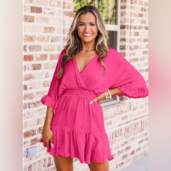 Women  V Neck Dress Causal Short Sleeve Elegant Ruffle Flowy Mini Dress small - Picture 5 of 14